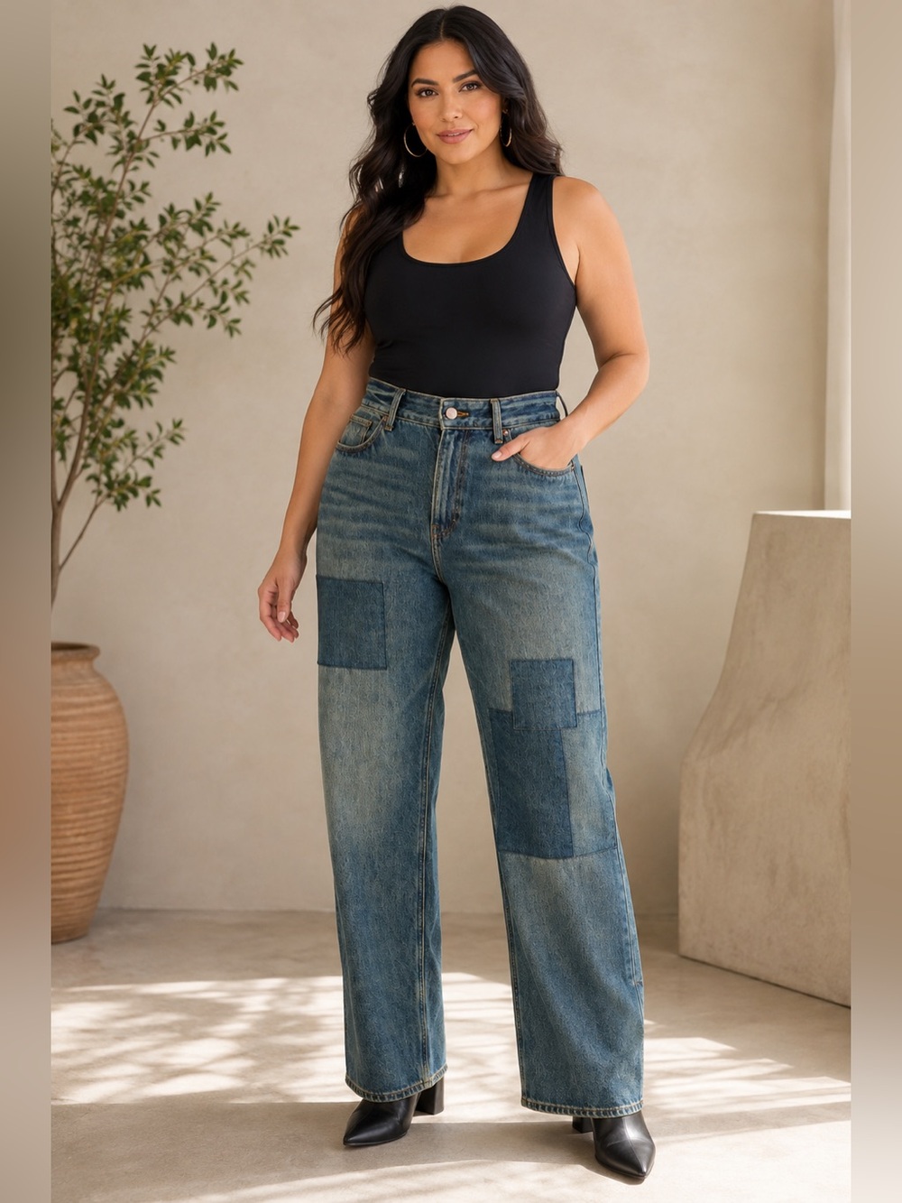 NEW Good American “The Khloé” High-Rise Patch Denim Straight-Leg Jeans – Size 14